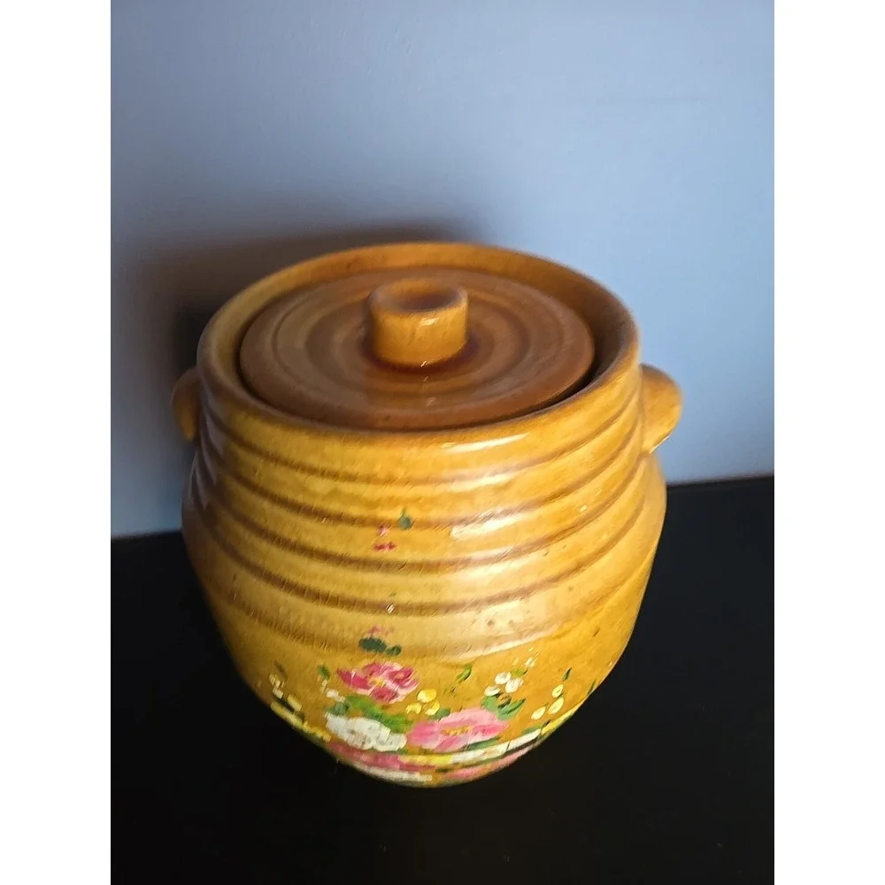 Red Wing Saffron Ware Yellow Lidded Cookie Jar Hand Painted Flower Motif‎ Rare!